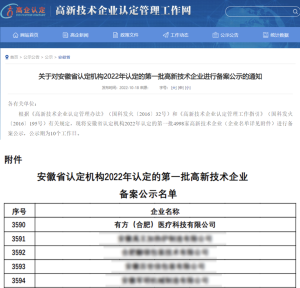 有方頭條 | 有方醫療榮獲2022年國家首批高新技術企業認定